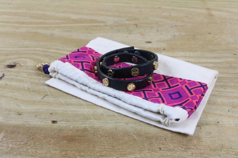 Tory Burch Black Leather Double Wrap Bracelet Gold Logo Studs Jewelry